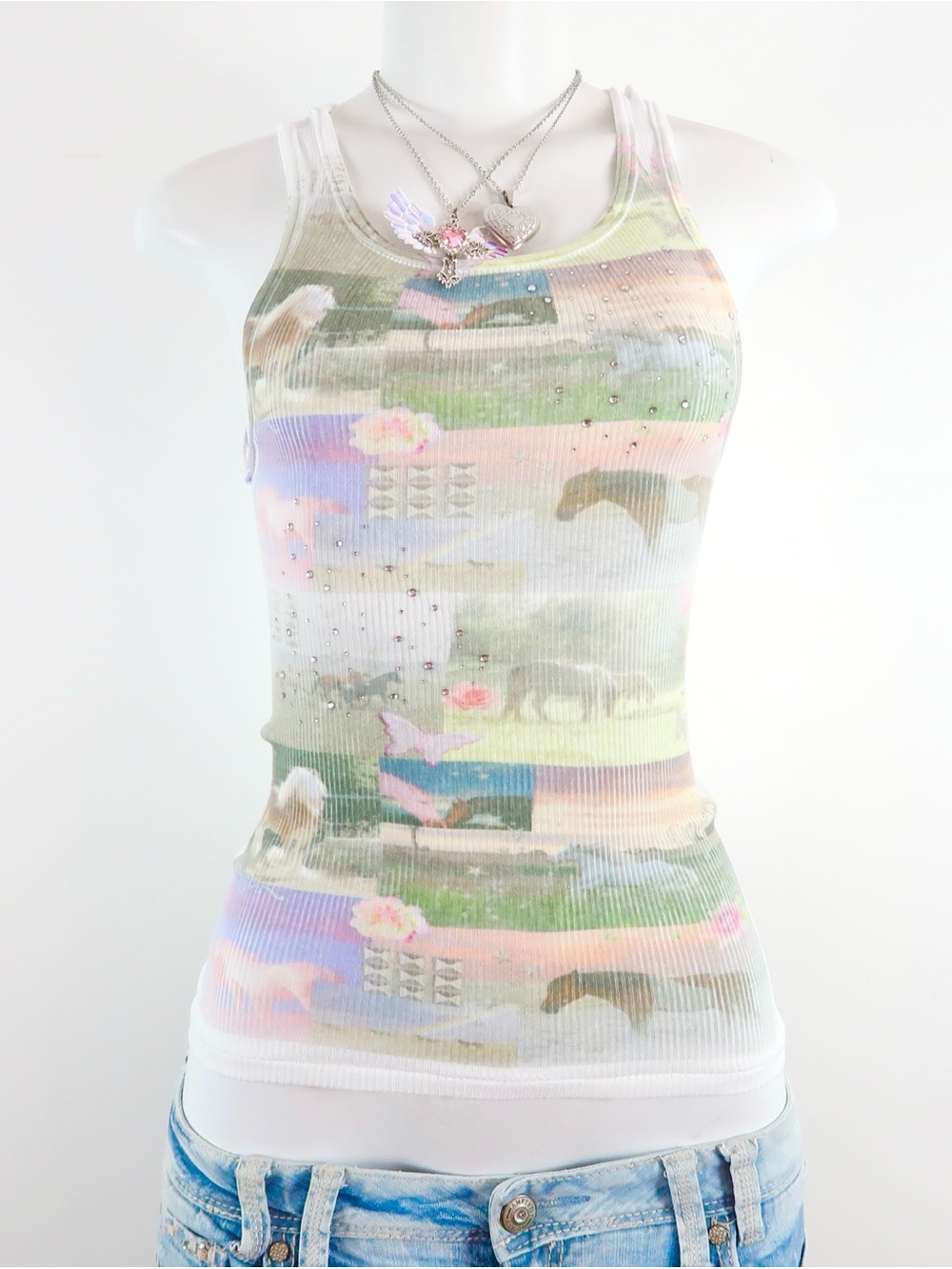 y2k dreamcore horse tank white ribbed graphic baby tee - Picture 1 of 8